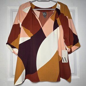 NEW!!! Worthington Modern geometric V-Neck, Ballon Sleeve Top-Size: Large